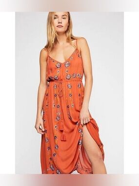 Free People Wild Georgia Rust Orange Embroidered Maxi Dress Boho Slip Size M